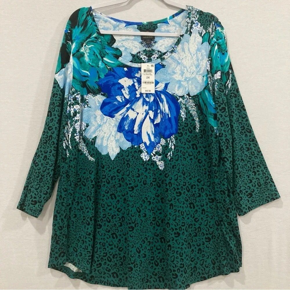 New JM Collection Floral Green Blue Round Neck Stretch Rayon Top size 2X